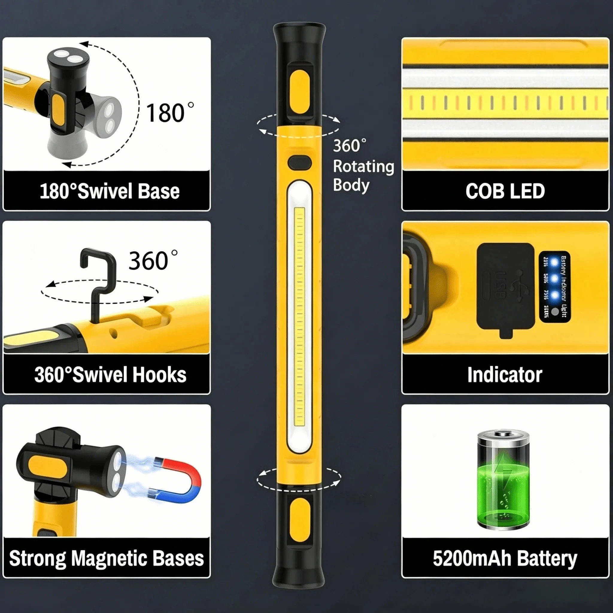 Rechargeable Portable LED Magnetic IP44 Waterproof 5000mAh Work Light 360 Degree Rotating Base Hook ABS Structure