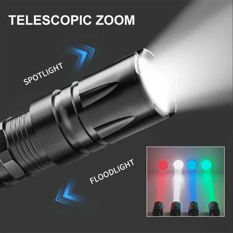 Powerful LED Flashlight Multicolor White/Red/Green/Blue Lighting Zoom Flashlights Outdoor Photographic Selfie Camping Light