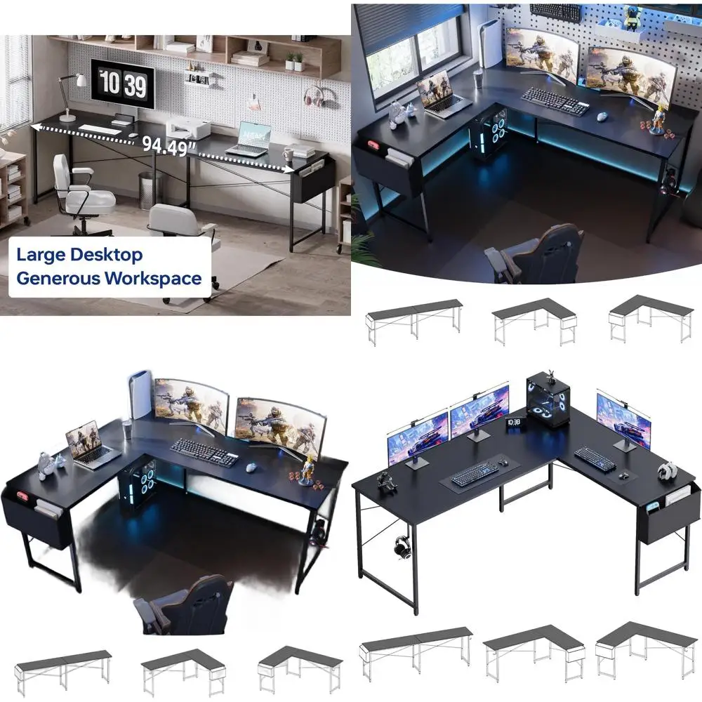 مكتب ألعاب زاوية كبيرة، 64.5 قابل للعكس على شكل حرف L مع مساحة تخزين، أسود للمكتب المنزلي، الكتابة، الدراسة