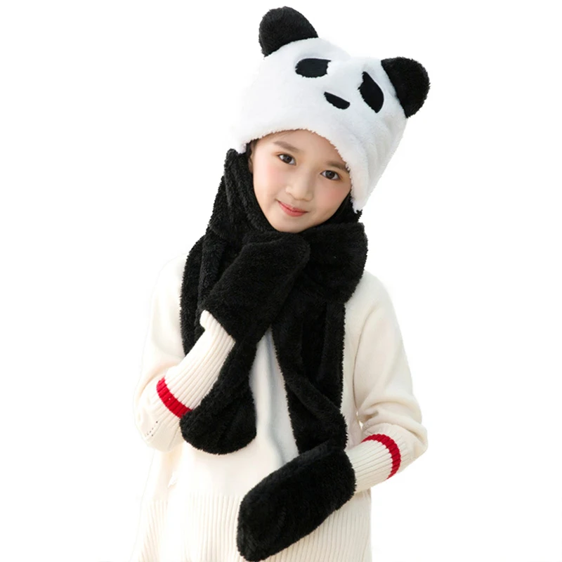 3 in 1 Winter Animal Hat Scarf Mitten Combo Panda Bear Cute Hood Hoodie Hats Plush Animal Beanie