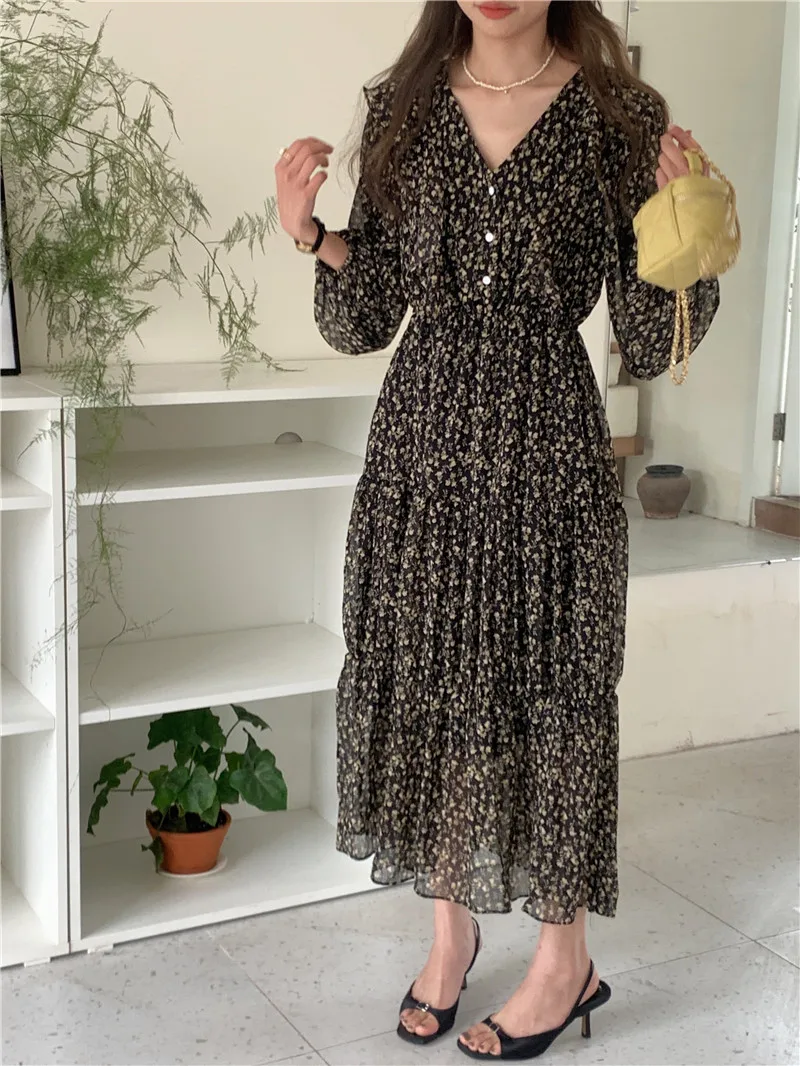 Abito camicia con stampa floreale in Chiffon primaverile abito da donna con volant elegante con scollo a V vita sottile abiti da donna abiti