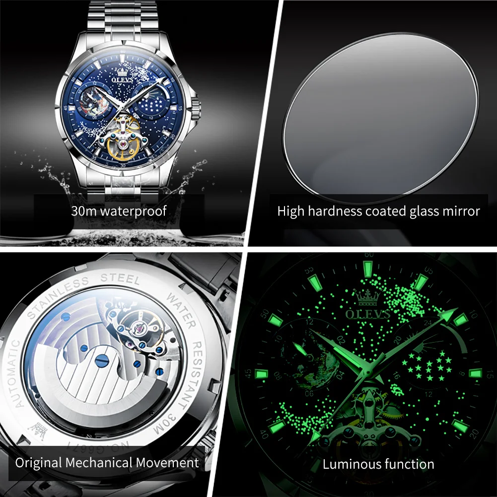 OLEVS Men Watch Automatic Mechanical Skeleton Starry Sky Moon Phase Luminous Waterproof Stainless Steel Mechanical Watch 6671