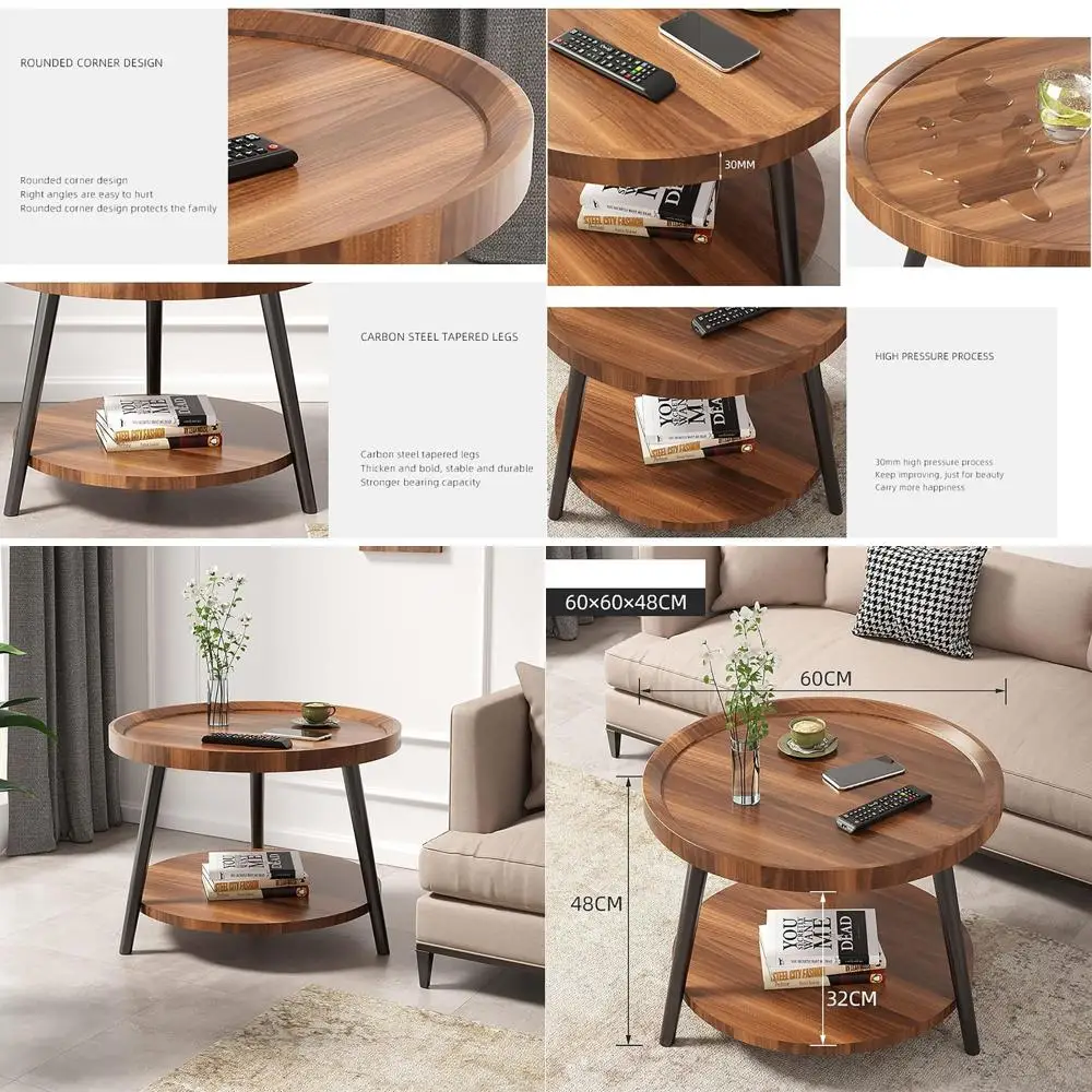 

Contemporary Dual-Tier Coffee Table, 60cm Simple Sofa Side/Bedside Table, Corner Balcony Living Room Tea Table