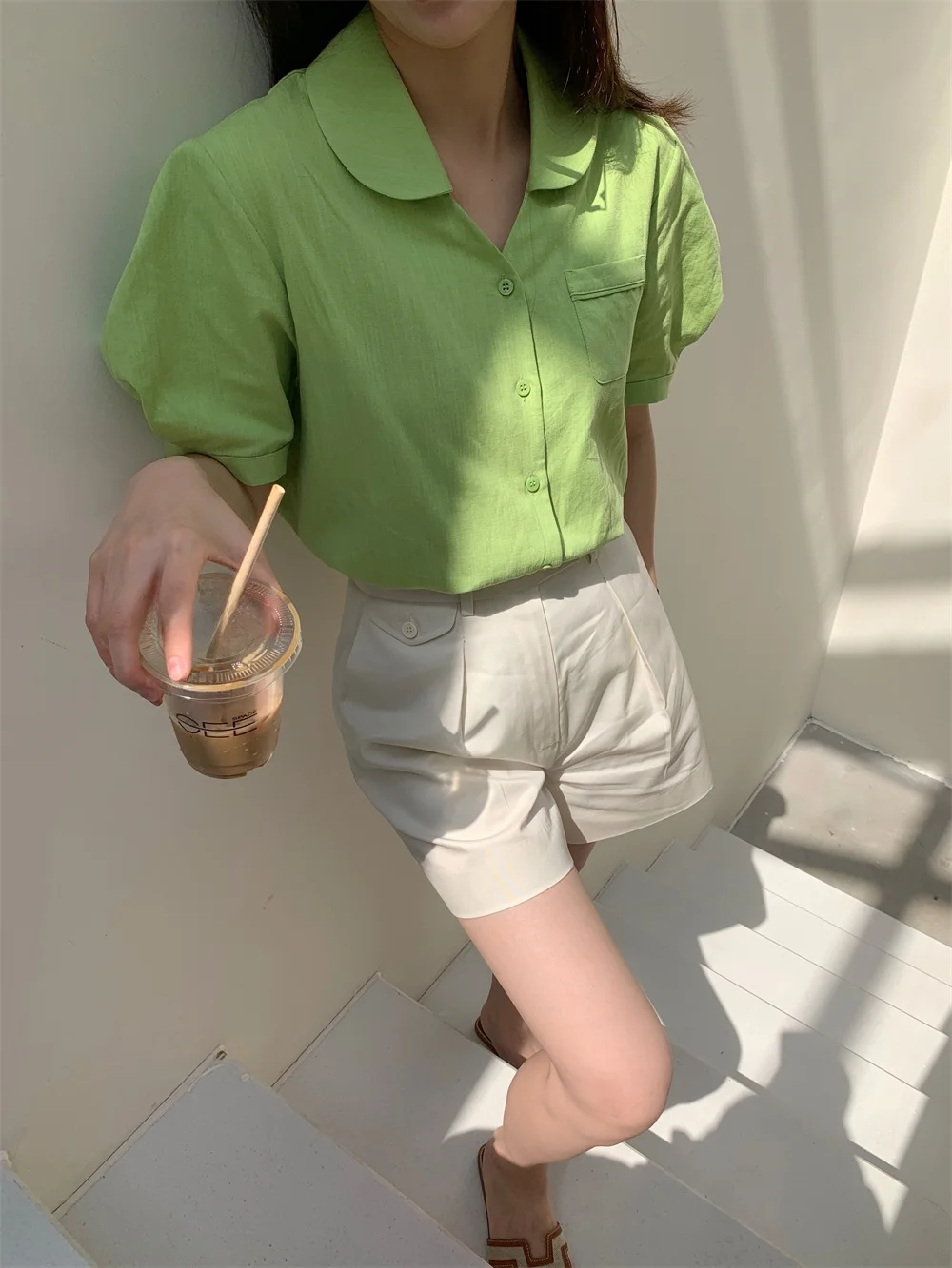 

by Spring Women's Cotton Linen Fabric irt Soft Sle Thin Top Bubble Sve Turn-down Collar Summer Faion Ladies' irt