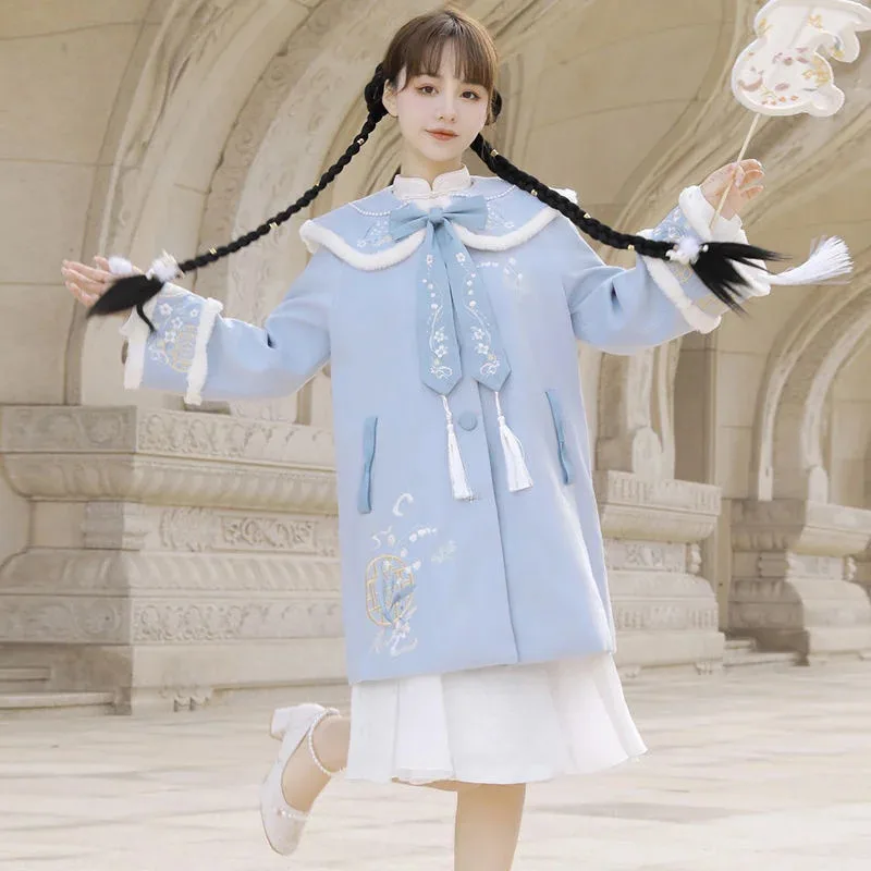 

CyChinese New Year Hanfu with Chinese Elements Lolita Plush Thick Cheongsam Set Red White Blue Dresses Girl Winter Daily Dress