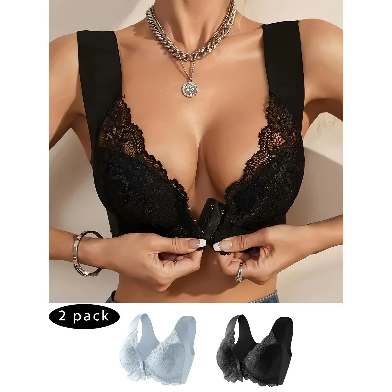 Ladies' Front-opening Bra, Fashionable Lace Lingerie, Full Cup Gathering, Lace Cutout Design