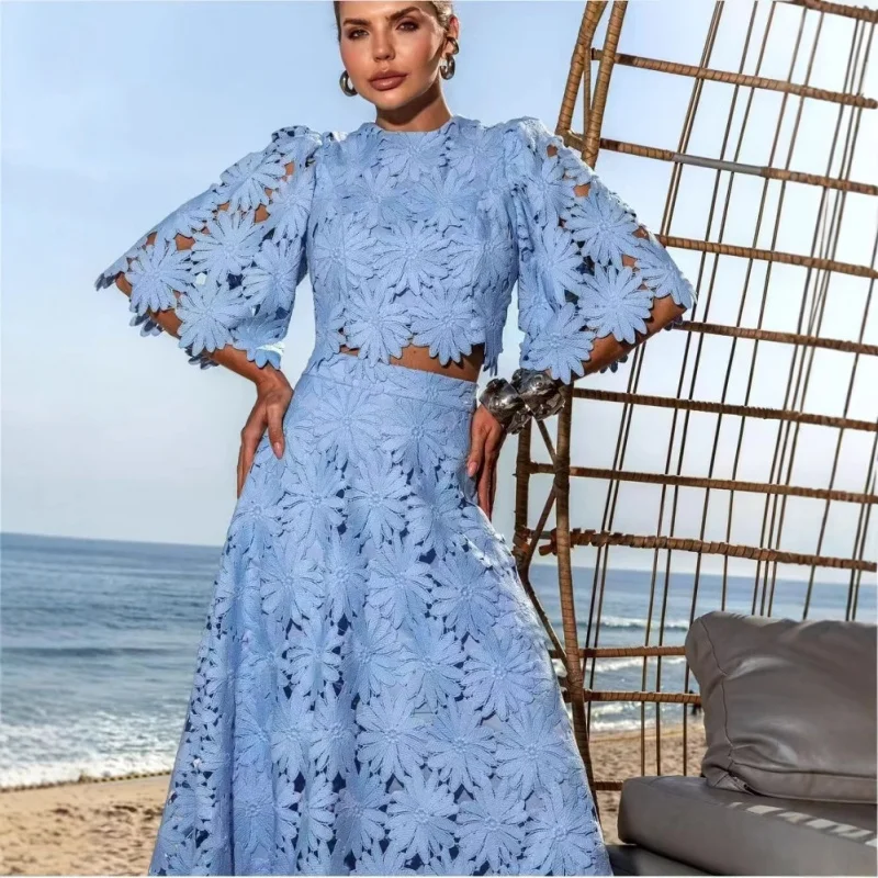 

2025 Spring and Summer Embroidered Hollow round Neck Flared Short Top + Holiday Soluble Lace Skirt Long Skirt Suit