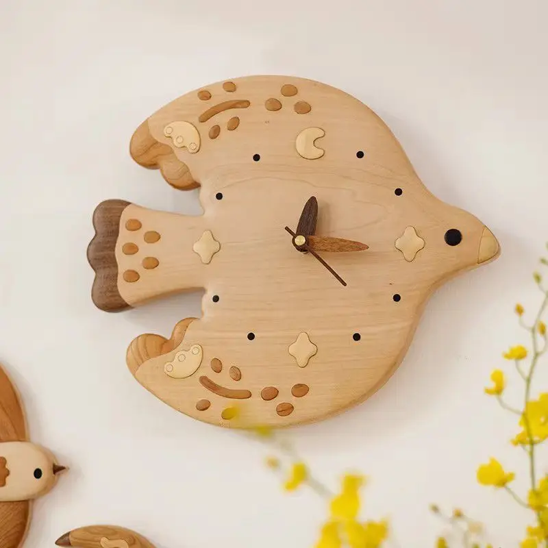 Solid wood cute living room wall decor wall clock creative cartoon kids' room clock