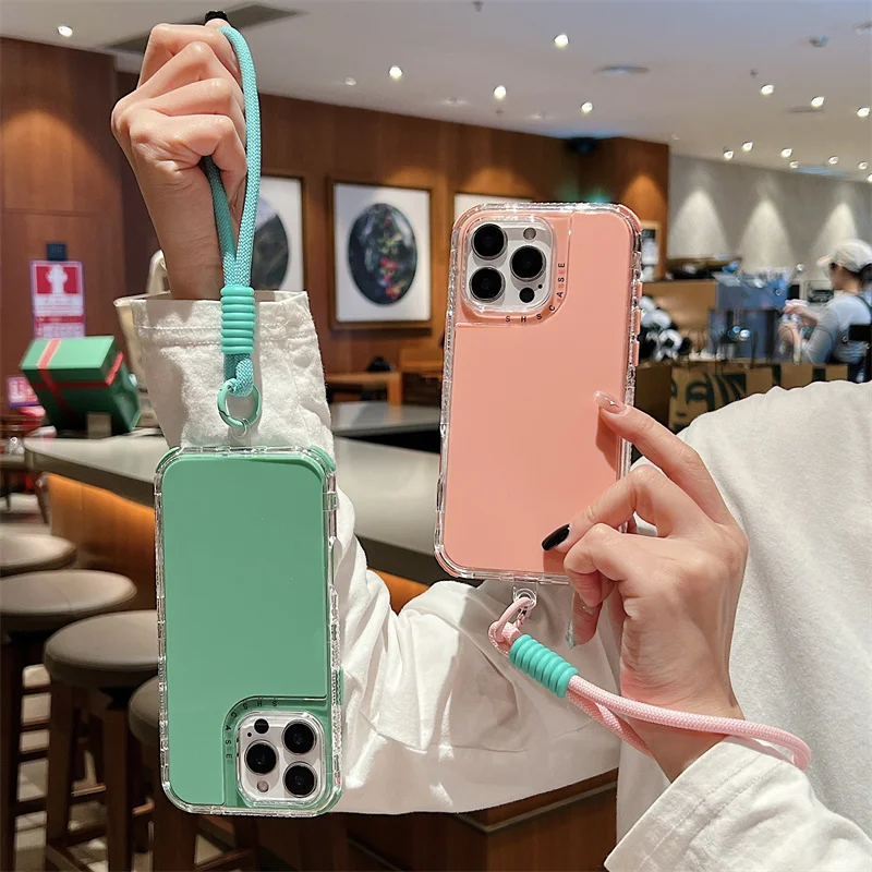 3IN1 Per iPhone 11 12 13 14 15 16 Pro Max XR XS Max 7 8 Plus Trasparente Colore Della Caramella Militare Con Cordino Antiurto Cassa Del Telefono