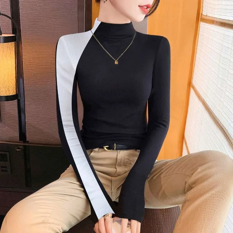 المرأة الجديدة نصف الياقة المدورة قاع قميص الخريف الشتاء بأكمام طويلة سليم المناسب المرقعة الأعلى #1