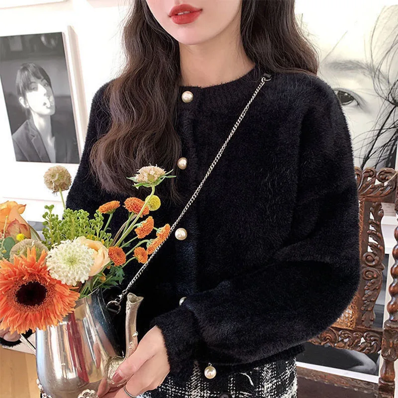 Fashion Faux Mink Fur Sweater Coat Ladies Korean Chic O-neck Soft Knitted Short Cardigan Women All-match Single-breasted Sweater