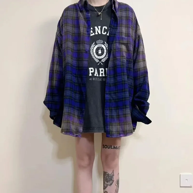 2024 Early Spring Fashion Unisex Cotton Shirt Gradient Tie Dye Versatile Women and Men Plaid Long-Sleeved Blouse Tops