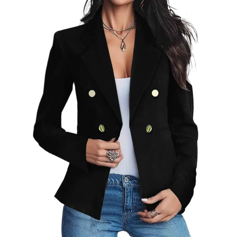 Autumn Winter Women Western Style Blazer Double Breasted Elegant Office Suit Jacket Long Sleeve Slim Fit Workwear Outerwear