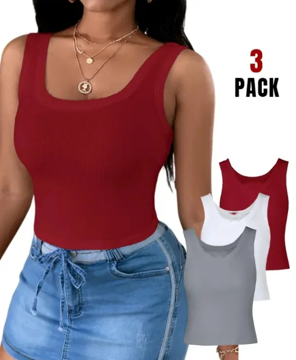 Sexy Spice Girls Summer Fashion Niche Vest 3-Piece U-Neck Sleeveless Ribbed Vest Casual Minimalist Basic Versatile Women's Vest