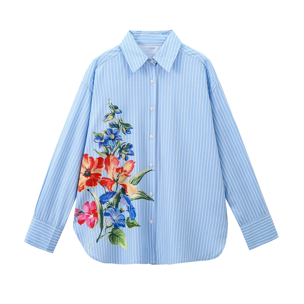 JNLEAOG femmes irt imprimé fleuri rayé coupe ample longue Sve fibre de Polyester résistant à la déformation automne nouveau Sle