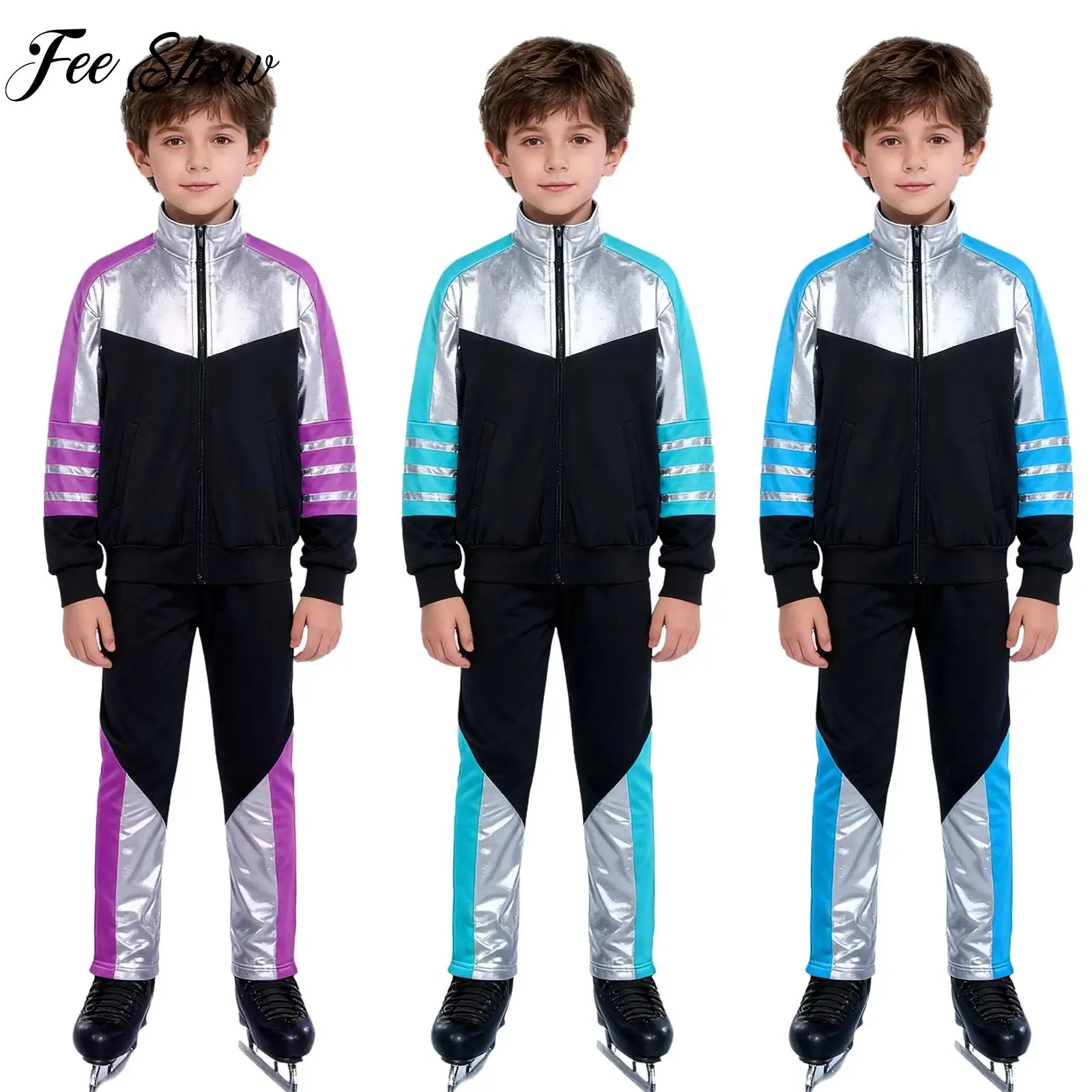 Kids Figure Skating Training Outfit for Boy Long Sleeve Fleece-Lined Jacket And Pants Set for Athletic Practice Performance Wear