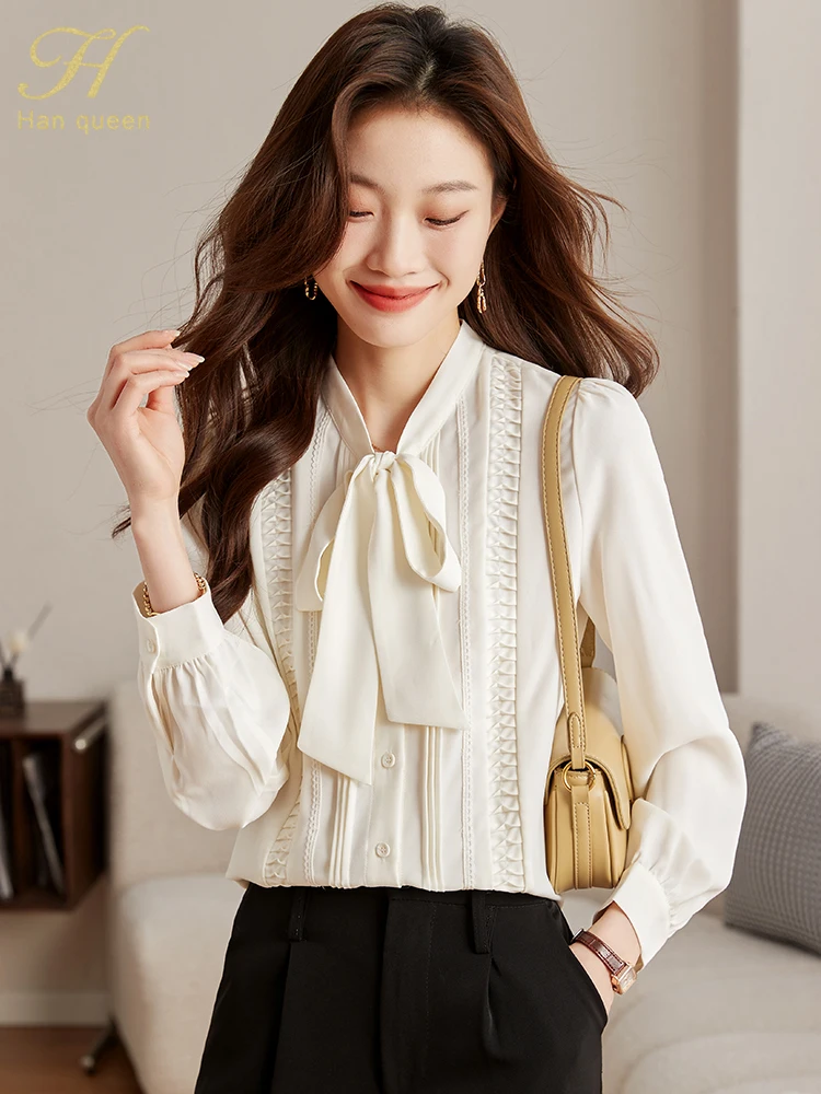 

H Han Queen Chiffon Blouse Lace-Up Bow Autumn Winter Blouses Korean Casual Tops Simple Long Sleeve Shirts Women's Vintage