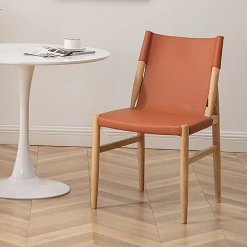 Nordic Saddle Leather Dining Chair Office Minimalist Light Luxury Home Solid Wood Backrest Stool Log Chair Leisure