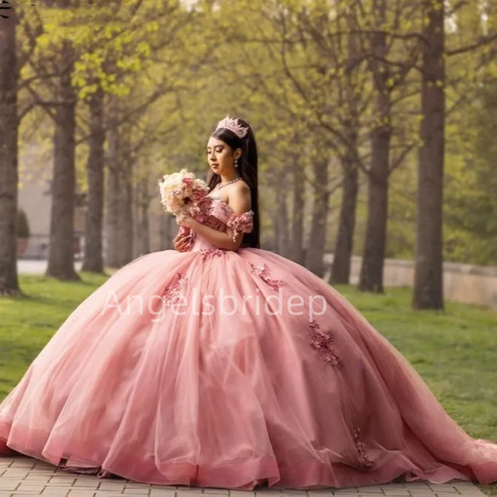 Angelsbridep-Vestidos Quinceanera Rosa com Apliques Amorosos, Doce 16 Vestido de Festa, 15 Anos, Alta Qualidade, 2020