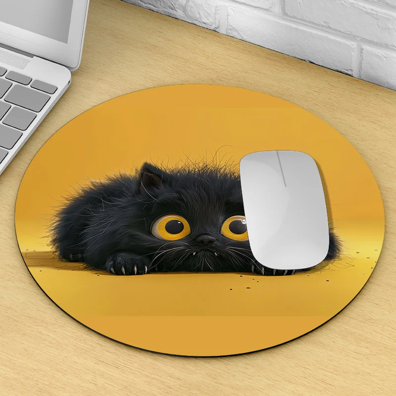 Cute Black Cat Round Mouse Pad Non-Slip Rubber Mat for Office Gaming Gamers Home or Office Adorable Cartoon Desk Mats Rug Set Up