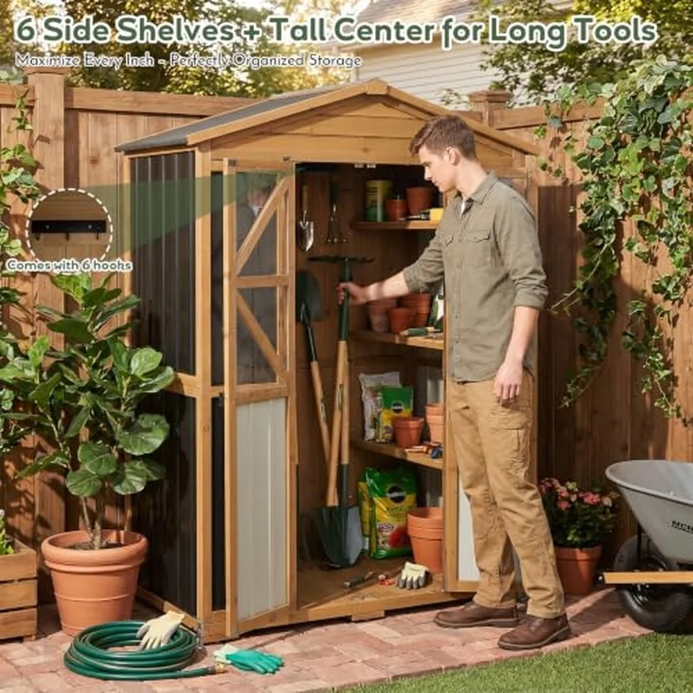 Outdoor Storage Cabinet Weatherproof Garden Shed with 6 Shelves for Tools
