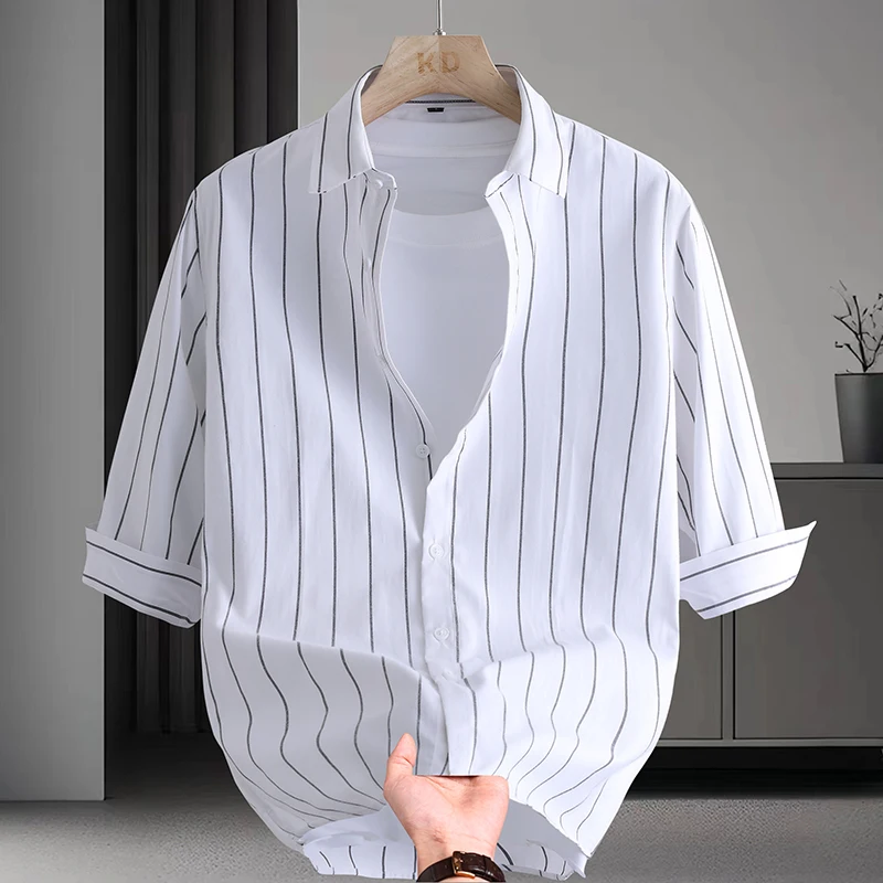 

Summer Men's Casual Striped irt Mid-Sve Five-Sve Loose Haome Youth Casual Cotton Polyester Fiber Breathable