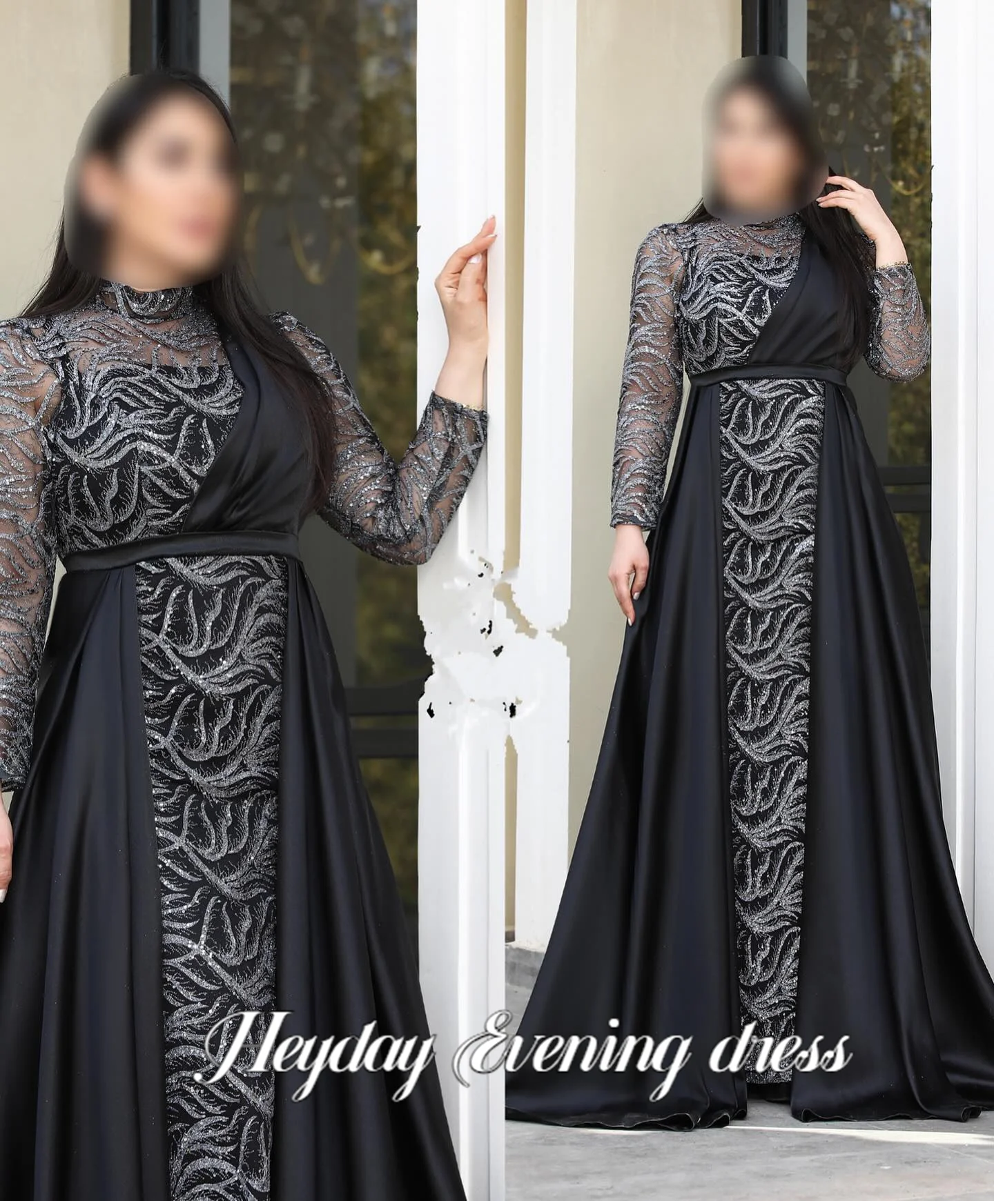 Heyday Luxury Sequnied Lace Mixed Satin Party Dresses High Neckline Long Sleeves Pleat Saudi Evening Gala Dress for Women 2024