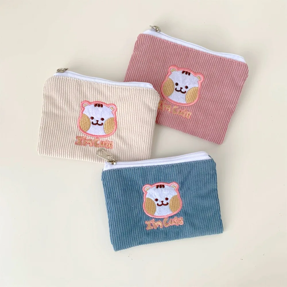 

New High-capacity Short Wallet Solid Color Corduroy Coin Purse Embroidery Cartoon Bear Storage Bag Gift