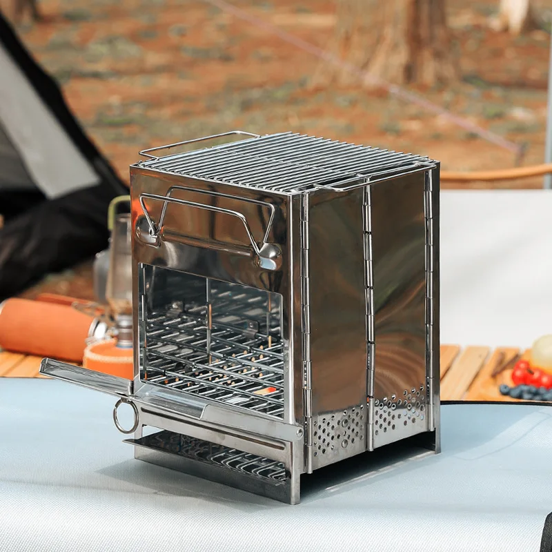 1Pc Outdoor Portable Mini Square Barbecue Grill Stainless Steel Folding Charcoal Stove Firewood Oven BBQ Small Heating Stove