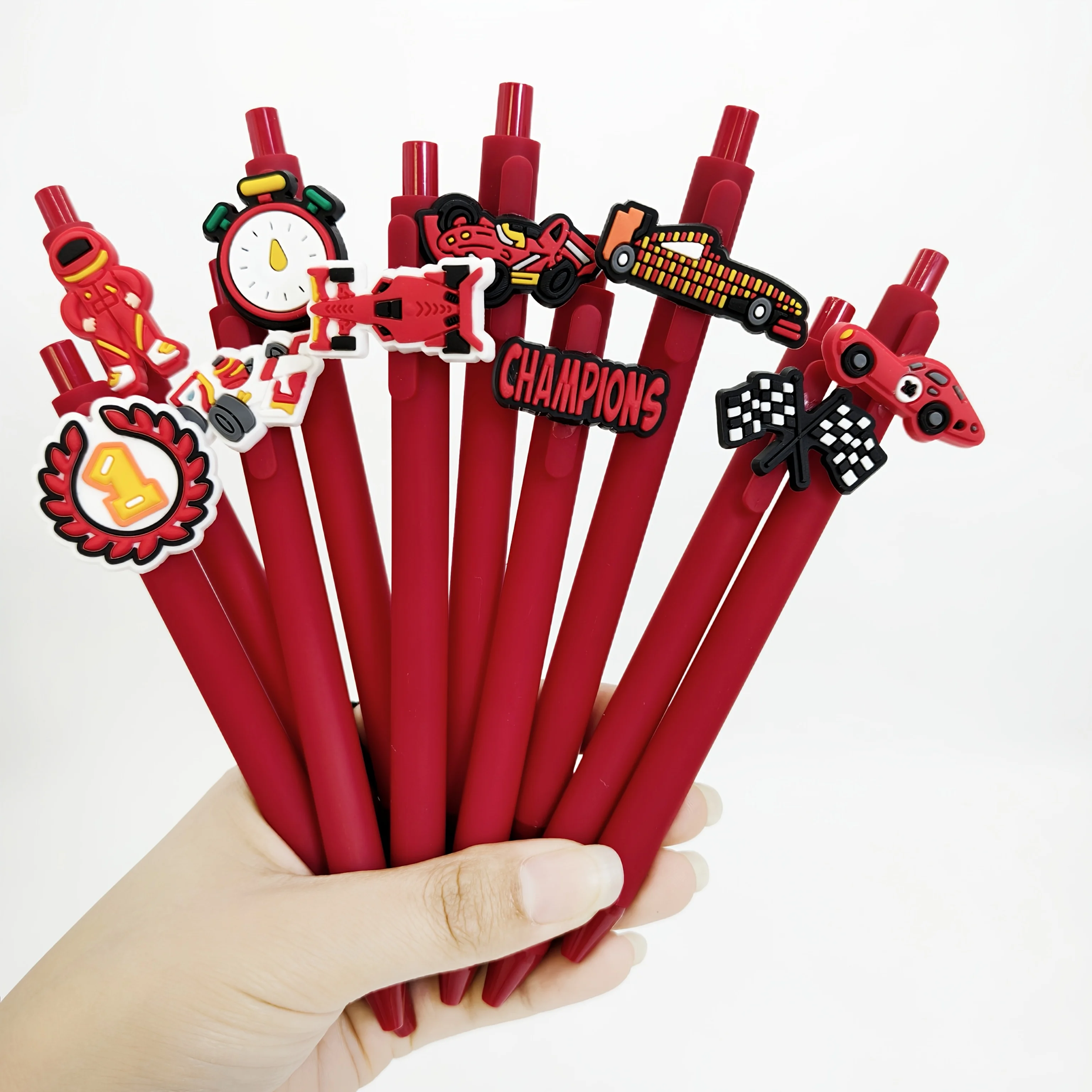 

10Pcs cool racing patch pen PVC red series modeling soft rubber ballpoint pen, student writing gift pen, random style