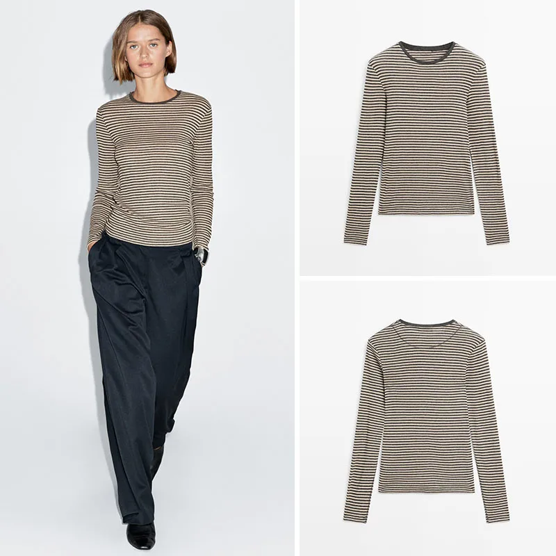 

Slim Fit round Ne Long Sve Striped Knitted T-irt Women's Casual Sle Top New Arrival Autumn Season Faion Trend