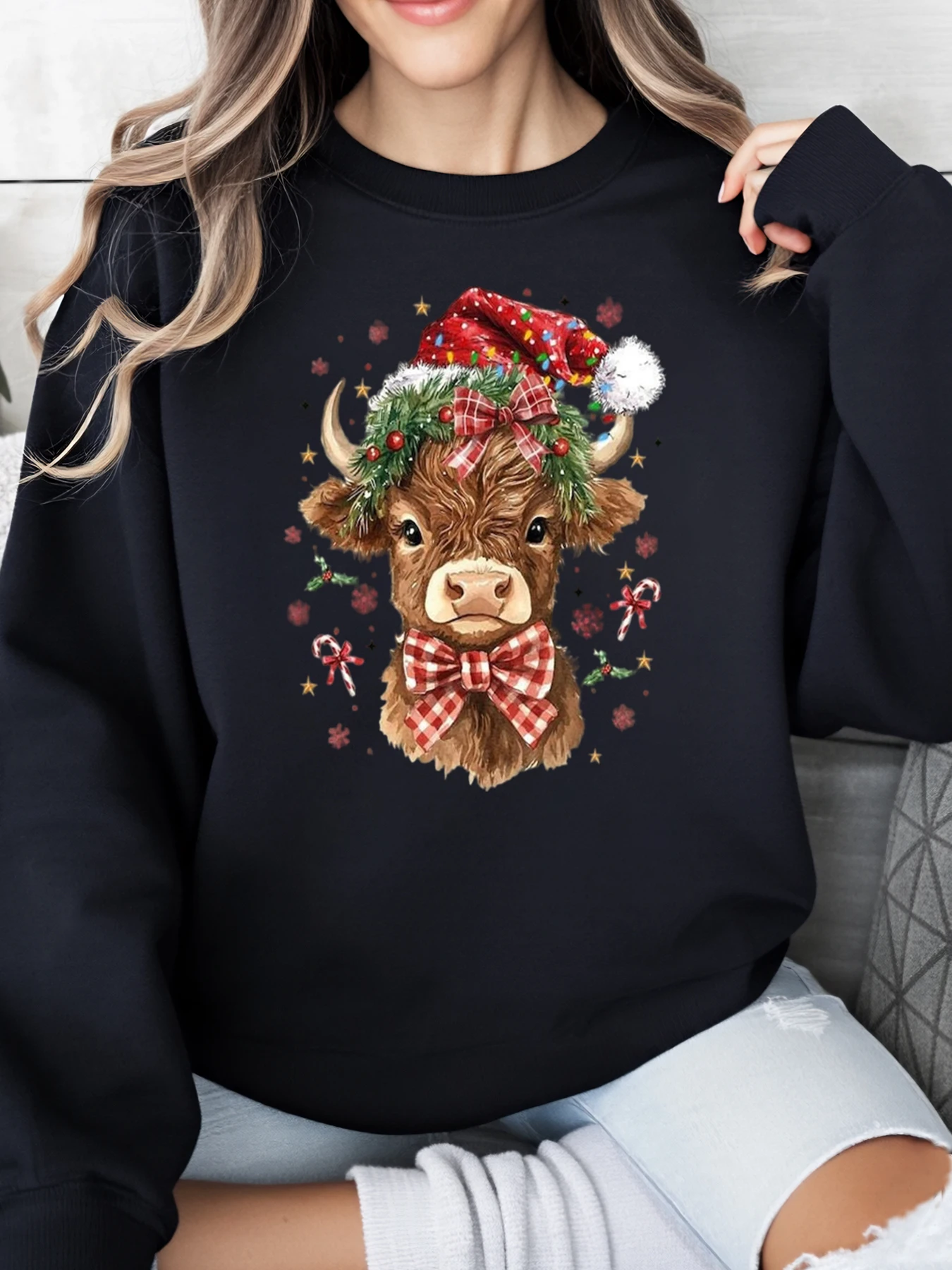 عيد الميلاد البقرة طباعة عطلة البلوز المرأة ملابس شتوية غير رسمية أسود حجم كبير #1