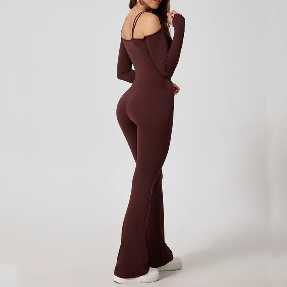 Seamless Yoga Jumpsuits Sports Fitness High Waist Hip Raise Long-Sleeved Flared Pants Suit Workout Gym Leggings Set for Women