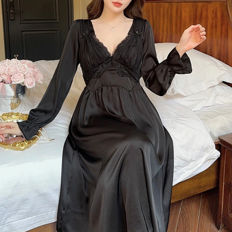 Lace Patchwork Nightdress Homewear  V-Neck Nightgown Elegant Princess Style Sleepwear Lady Sweet Nightwear Satin Loungewear