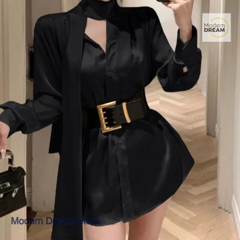 فستان بحزام معدني للسيدات من الدرجة العالية الفرنسية للربيع والخريف تنورة قميص بشريط من الساتان بمزاج الأخت الأكبر سناً