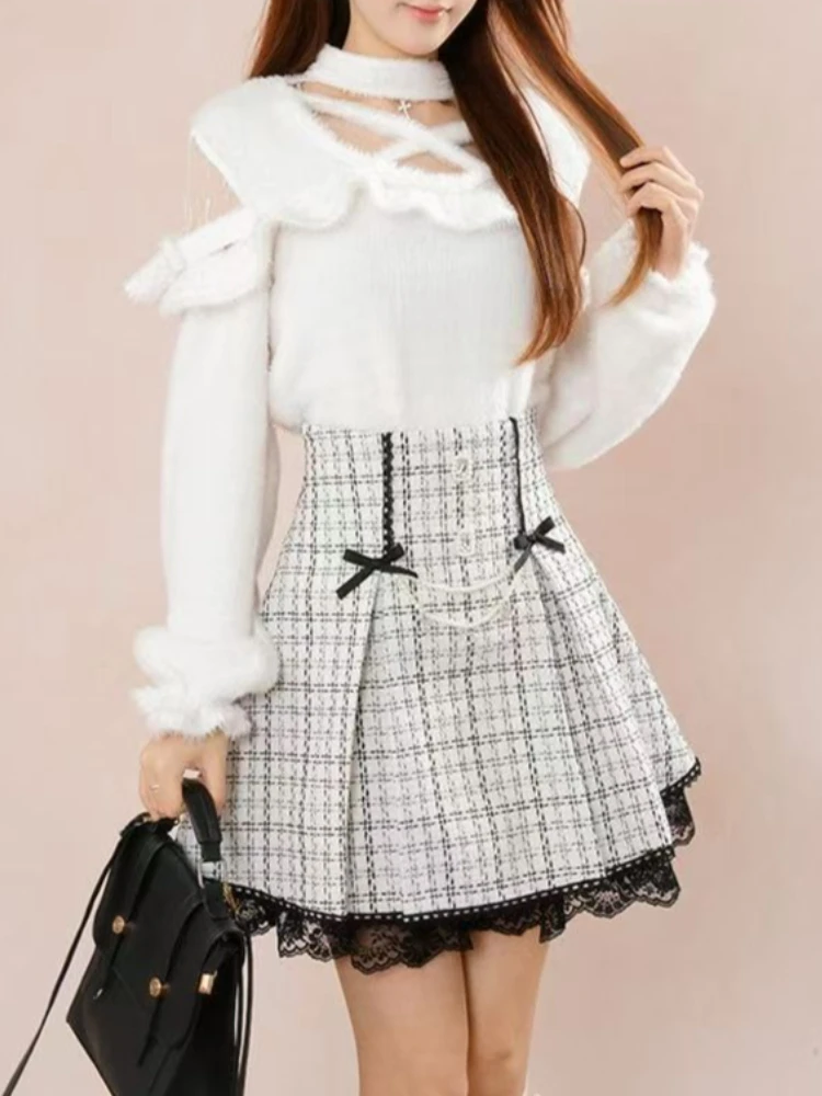 ชุดเซ็ต 2 ชิ้น เสื้อเชิ้ตลูกไม้สไตล์วินเทจทรงเข้ารูป ลายสก็อต กระโปรงสั้นเอวสูงทรงเข้ารูป ดีไซน์แบบเย็บต่อผ้าสไตล์ญี่ปุ่นสำหรับฤดูหนาว น่ารักสไตล์คาวาอี้ สำหรับผู้หญิง