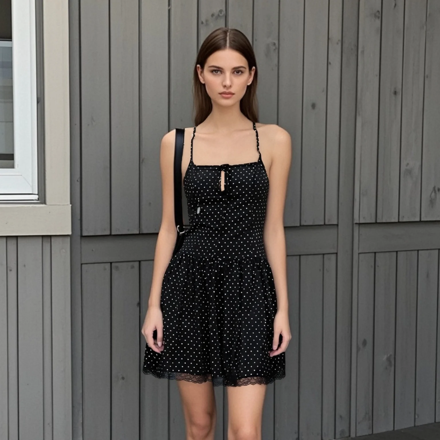 

2025 New Arrival Women's Spaghetti Strap Dress with Polka Dot Pattern Front Tie Detail and Lace Trim Flared Hem for Casual Wear