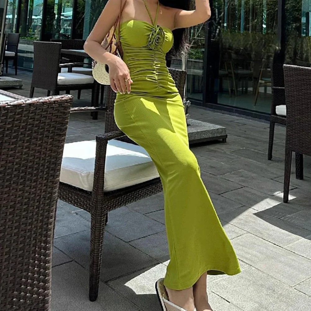 Women Flower Applique Long Dress Y2k Elegant Ruched Off Shoulder Sleeveless Evening Sexy Club Solid Party Maxi Dress