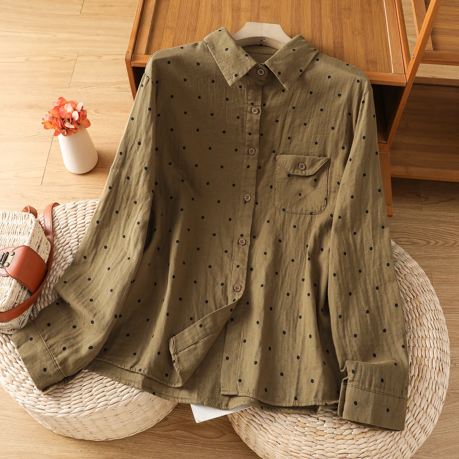 Fre Sle Double Layered irt Women's Long Sve Cotton Linen Blend Polka Dot Button up Casual Artistic Spring Autumn Top