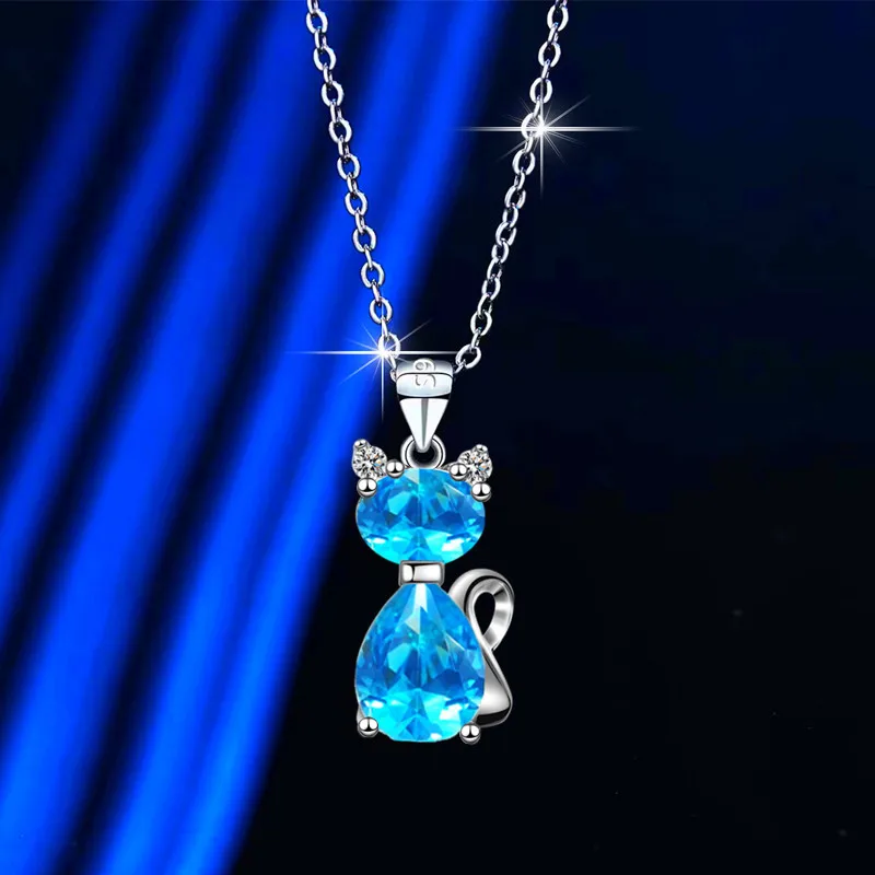 Cute Small Cat Pendant Necklace Aqua Blue Pink White Zircon Necklaces For Women Trendy Silver Color Chain Necklace Party Jewelry