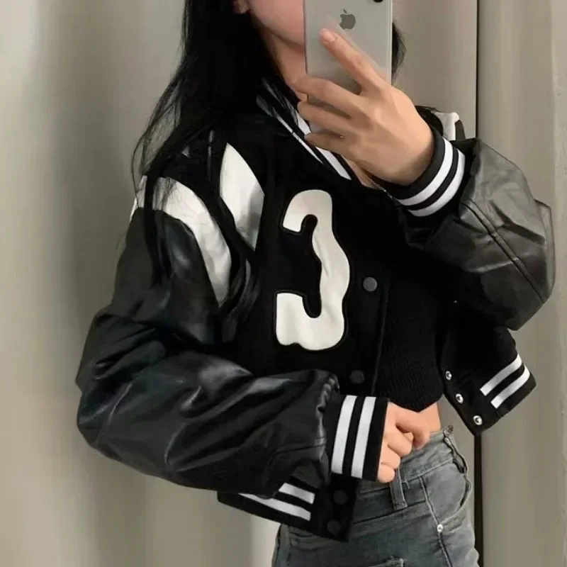 Winter Cropped Bomber Jacket Women Vintage Korean Fashion Oversized Gothic Baseball Short Jackets 2023 Kpop Chic Streetwear Coat