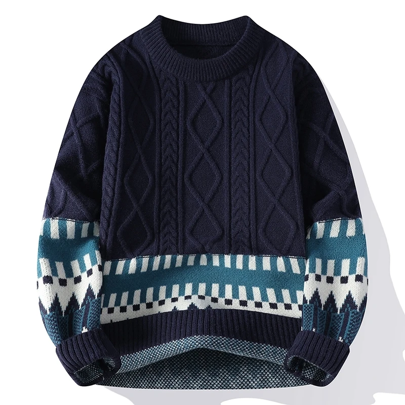 メンズツイストパターン厚手プルオーバー、パッチワークセーター、ルーズニットセーター、Oネック、厚手のボトム、秋、冬、2022