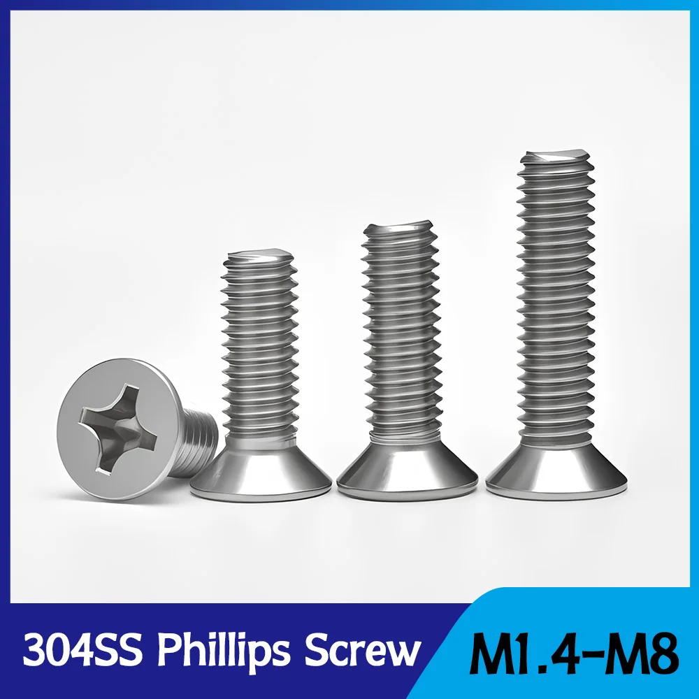 M1.4 M1.6 M2 M2.5 M3 M3.5 M4 M5 M6 M8 304 Stainless Steel Phillips Screws DIN965 Metric Thread Cross Flat Head Countersunk Bolts