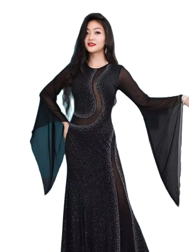 Belly Dance Suit Iraqi Hair Throwing Robe Kawleeya Performance Costume Rhinstone Shine Egypt Show Dress Sexy V Neck Black