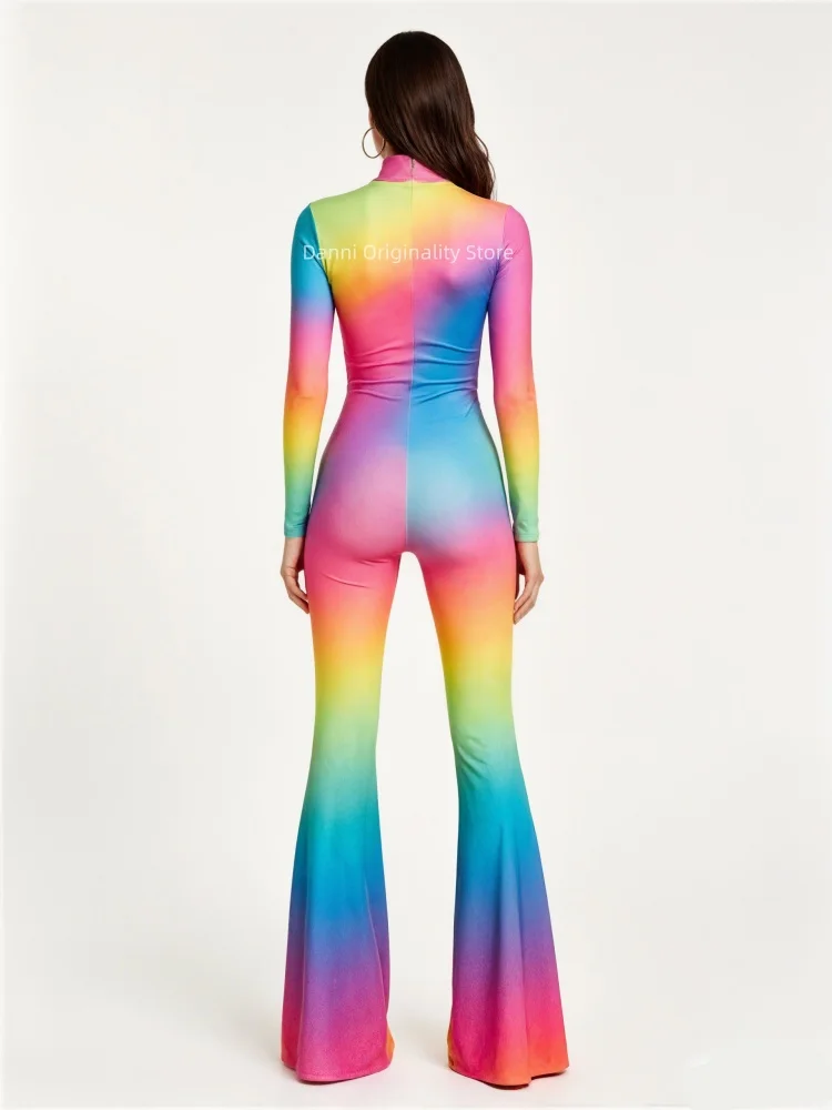 Peacock Cosplay 3D Feathers Print Flare Jumpsuit Women Colorful Long Sleeve Bodysuit Party Stage Rave Festival Performance Suits view 3