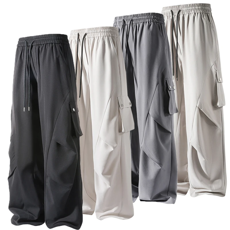 

Summer Fashion Men's Side Pocket Pleated Pants Casual Solid Straight Elastic Waist Trousers Male Loose Ice Silk Daily Pants