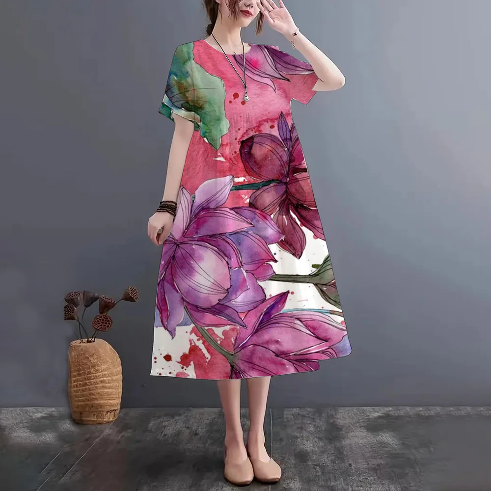 Women's Dress Painted Gold Watercolor Lotus Print Dress 3D Printing Process Summer Fashion New Fabrics Soft And Comfortable