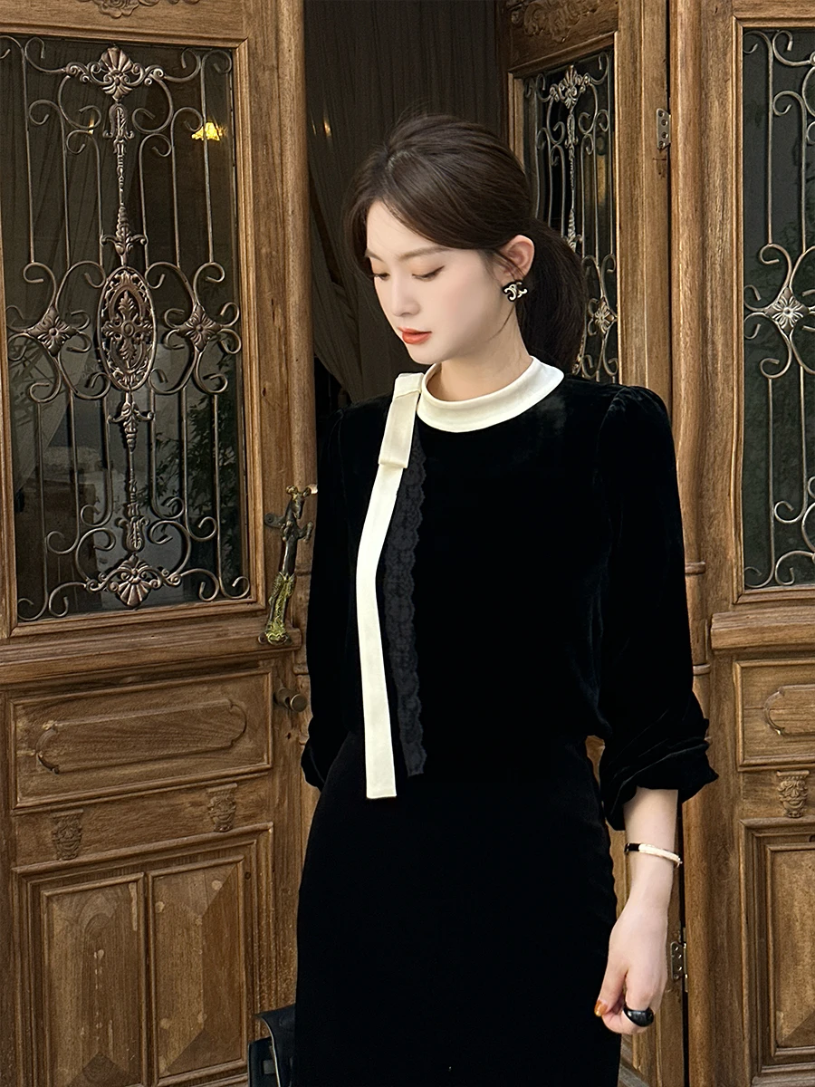 

Лизи � � Женский облегающий топ из вельвета с круглым вырезом, длинными рукавами, цветными вставками и поясом, осенняя модная модель для коррекции фигуры