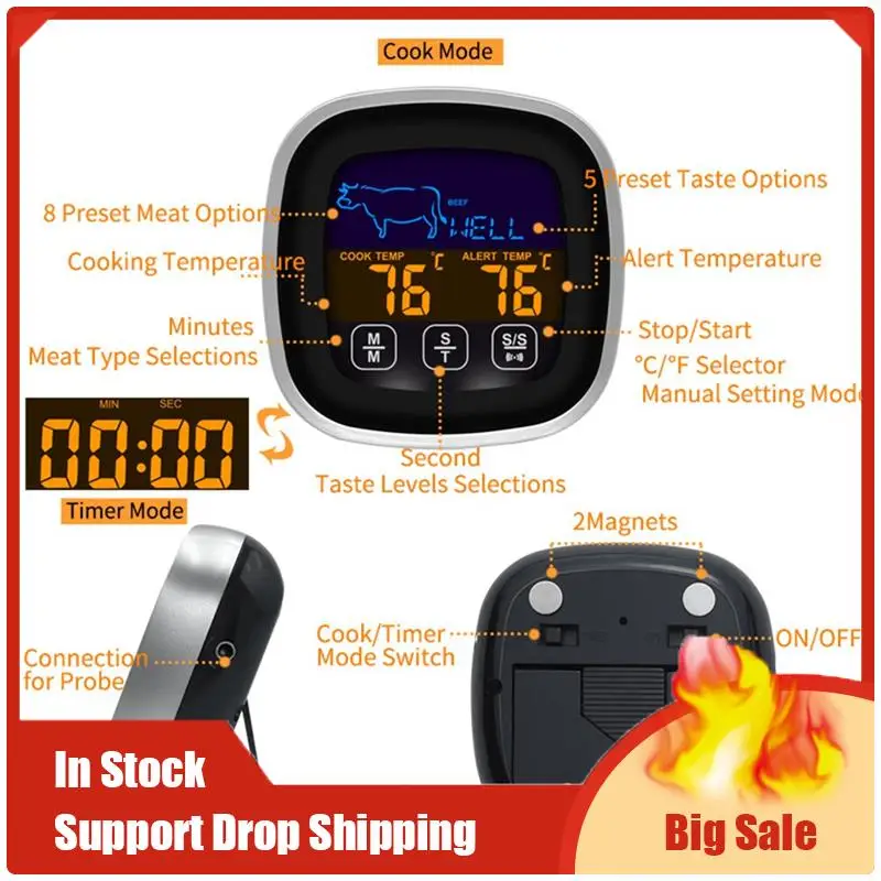 

Digital BBQ Oven Meat Cooking Grill Thermometer With Timer Temperature Alarm For Cooking