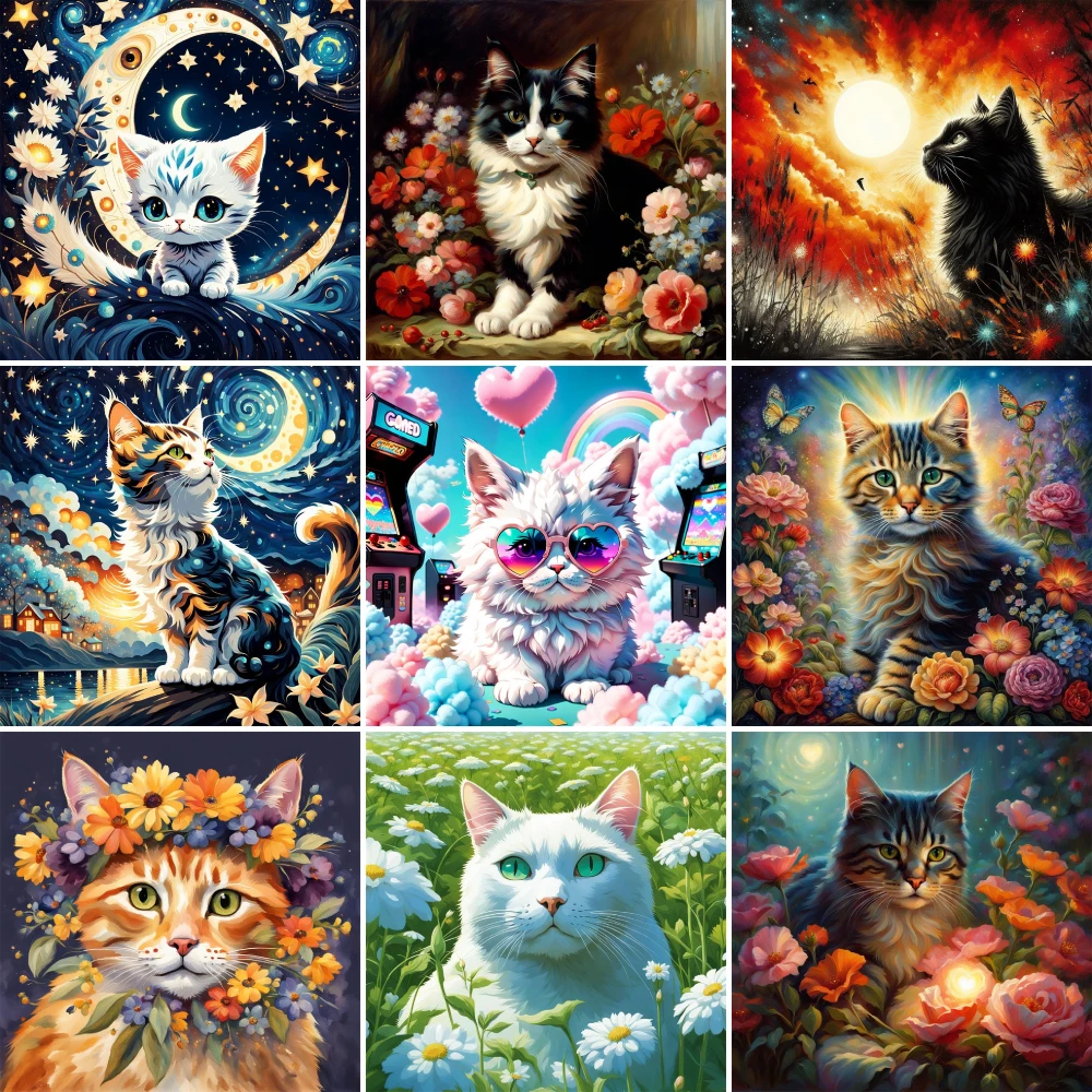 Animal Pet Cat Flowers Pre-Printed Cross Stitch Set DIY Embroidery Needlework Painting Handiwork Handicraft Needle Jewelry Gift